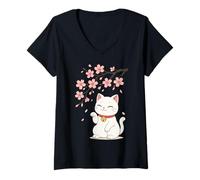 Women's Cat Cherry Blossom Japan Anime V-Neck T-Shirt