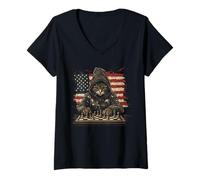 Womens Cat Chess American Flag For Chess Players Men Kids V-Neck T-Shirt