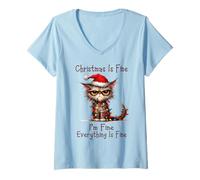 Womens Cat Christmas is Fine I'm Fine Grumpy Xmas Chaos V-Neck T-Shirt
