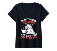 Womens Cat Coffee im not Really Antisocial i just Dont Like You V-Neck T-Shirt