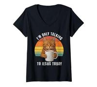 Women's Cat Coffee Jesus Talking Christian Retro Sunset Funny V-Neck T-Shirt
