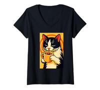 Womens Cat Coffee Lover, Cute Black and White Kitty Drinking Coffe V-Neck T-Shirt