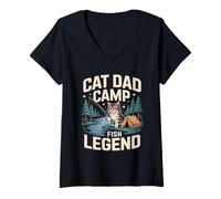 Women's Cat Dad Camp Fish Legend Funny Camping Scene V-Neck T-Shirt