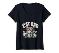 Women's CAT DAD Cool Cat with Sunglasses & Sunset Vibes V-Neck T-Shirt