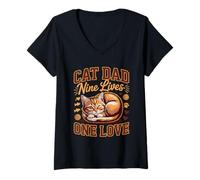Women's Cat Dad Nine Lives One Love Feline Father V-Neck T-Shirt