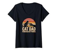Womens Cat Dad Powered by Purrs Retro Sunset Fathers Day V-Neck T-Shirt