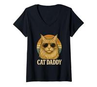 Womens Cat Daddy Cool Maine Coon Cat Father's Day Retro Cat Dad V-Neck T-Shirt