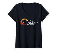 Womens Cat Daddy Vintage Eighties Style Cat Retro Distressed V-Neck T-Shirt