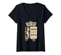 Women's Cat Drinking Coffee at Diner, Funny Kitten Graphic V-Neck T-Shirt