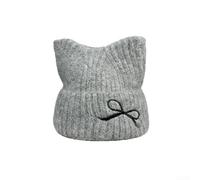 Women's Cat Ear Knit Beanie with Bow, Soft Deer Plush Winter Warm Hat, Flattering Face Slouchy Cap for Cold Weather, Cute Animal Ears Headwear in White Black(Black)