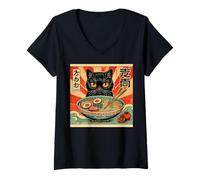 Womens Cat Eating Ramen Japanese Noodles, Kawaii Manga Kitten V-Neck T-Shirt