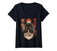 Women's Cat Eating Ramen Kitten Anime Japan V-Neck T-Shirt