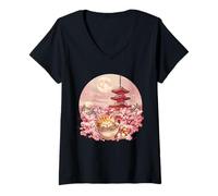 Women's Cat Eating Ramen Noodles Mount Fuji Sakura Tree Pagoda Tower V-Neck T-Shirt