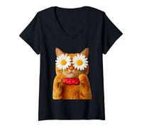 Womens Cat Flower Eye Cute Kitten Lover Feline Pet Owner Kitty V-Neck T-Shirt