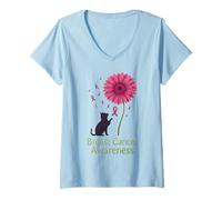 Womens Cat Flower Paw For Cure Breast Cancer Awareness Support V-Neck T-Shirt