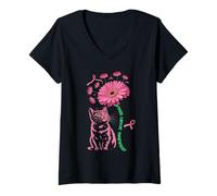 Womens Cat Flower Paw For Cure Breast Cancer Awareness Support V-Neck T-Shirt