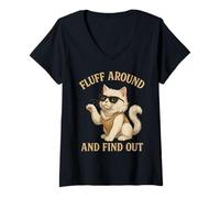 Womens Cat Fluff Around Find Out Funny Sarcastic Cat Lady Humor V-Neck T-Shirt