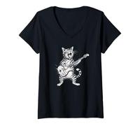 Women's Cat Guitar Funny Plays Music Guitar V-Neck T-Shirt