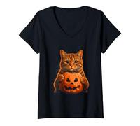 Women's Cat Halloween Cats Lover Jack O Lantern Face Pumpkin V-Neck T-Shirt