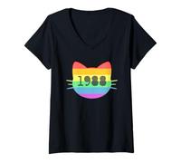 Womens Cat Head Silhouette 1988 Funny Retro V-Neck T-Shirt