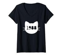 Womens Cat Head Silhouette 1988 Funny Retro V-Neck T-Shirt