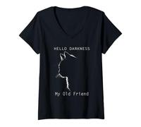 Womens Cat Hello Darkness My Old Friend V-Neck T-Shirt