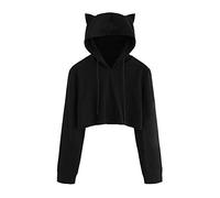 Women's Cat Hoodie Long Sleeve Kitten Print Animal Hoodies Hoodie Ears Tail Crop Top Cropped Solid Color with Hood Slim Fit Hoodies Pullover Graphic Hoodies Y2K Pullover Sweatshirt Black