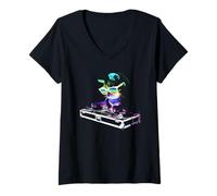 Women's Cat House Cat DJ Cat Rainbow V-Neck T-Shirt