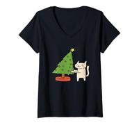 Womens Cat Hugging Christmas Tree Festive V-Neck T-Shirt