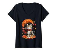 Womens Cat in Autumn Scarf with Falling Leaves and Tree V-Neck T-Shirt