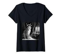 Women's Cat in Hat Radio Operator Vacuum Tubes Electronics V-Neck T-Shirt