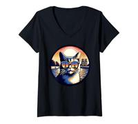 Women's Cat in Paris Looking At The Eiffel Tower V-Neck T-Shirt