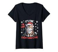 Womens Cat in Santa Hat It's Fine Everything's Fine Christmas Humor V-Neck T-Shirt