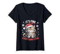 Womens Cat in Santa Hat It's Fine Everything's Fine Christmas Humor V-Neck T-Shirt