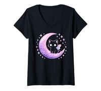 Women's Cat Kitty Butterfly Moth Purple Pink Alt Kawaii Pastel Goth V-Neck T-Shirt