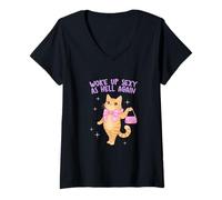 Women's Cat Kitty Woke up Sexy as Hell Again Funny V-Neck T-Shirt