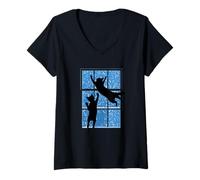 Womens Cat Leaps for Falling Snowflakes Outside Window V-Neck T-Shirt