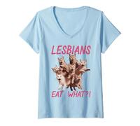 Women's Cat Lesbians Eat What Shocked Funny V-Neck T-Shirt