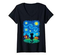 Womens Cat Looking at Starry Night Sky Colorful Moon Houses Stars V-Neck T-Shirt