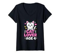 Women's CAT Lover Age 4 Cute Kitten Kids Birthday V-Neck T-Shirt