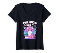 Women's Cat Lover Age 5 Cute Pink Birthday Cat Lover V-Neck T-Shirt