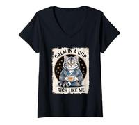 Womens Cat Lover Calm in a Cup Rich Like Me V-Neck T-Shirt