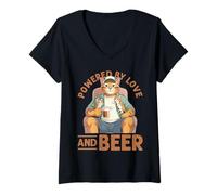 Women's Cat Lover Powered by Love and Beer Graphic Funny V-Neck T-Shirt