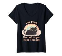 Womens Cat Lover's Funny I'm Fine The Rest of You Need Therapy V-Neck T-Shirt