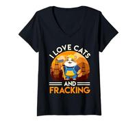 Womens Cat Lovers I LOVE CATS AND FRACKING Funny Fracking V-Neck T-Shirt