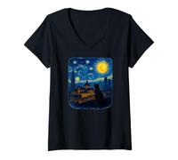 Womens Cat Madrid Starry Night Skyline with Spanish City Lights V-Neck T-Shirt