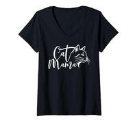 Women's Cat Mama Elegant Script Cat Illustration Kitten Lover V-Neck T-Shirt