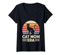 Women's Cat Mom Era Retro Sunset Aesthetic Cat Lover V-Neck T-Shirt