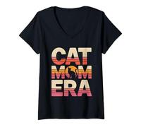 Women's Cat Mom Era Retro Sunset Aesthetic Cat Lover V-Neck T-Shirt