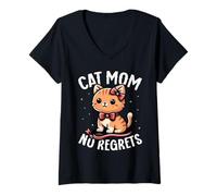 Womens Cat Mom No Regrets Cute Funny Cat Lover V-Neck T-Shirt
